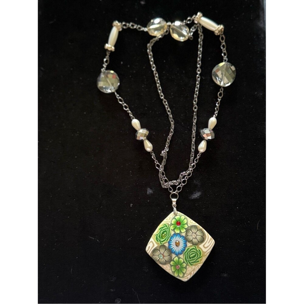 Artisan Polymer Clay Flower Pendant Necklace Millefiori Crystal Beaded Chain Y2K